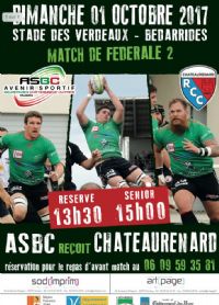 Rugby à XV: ASBC - R.C.CHATEAURENARD. Le dimanche 1er octobre 2017 à Bédarrides. Vaucluse.  13H30